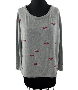 CHASER Gray Sweater Lips Printed Round Neck Long Sleeve Regular Pullover S Small
